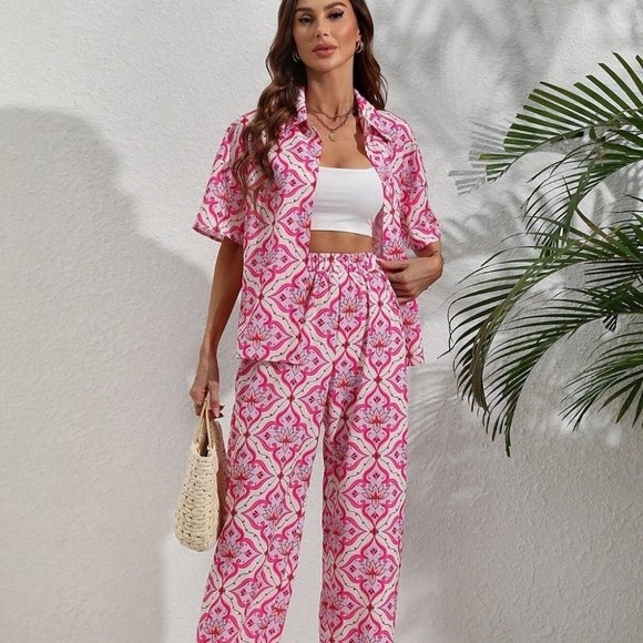 Multicolor Boho Womens  Allover Print Knot Front Shirt & Wide Leg Pants - Picture 5 of 5